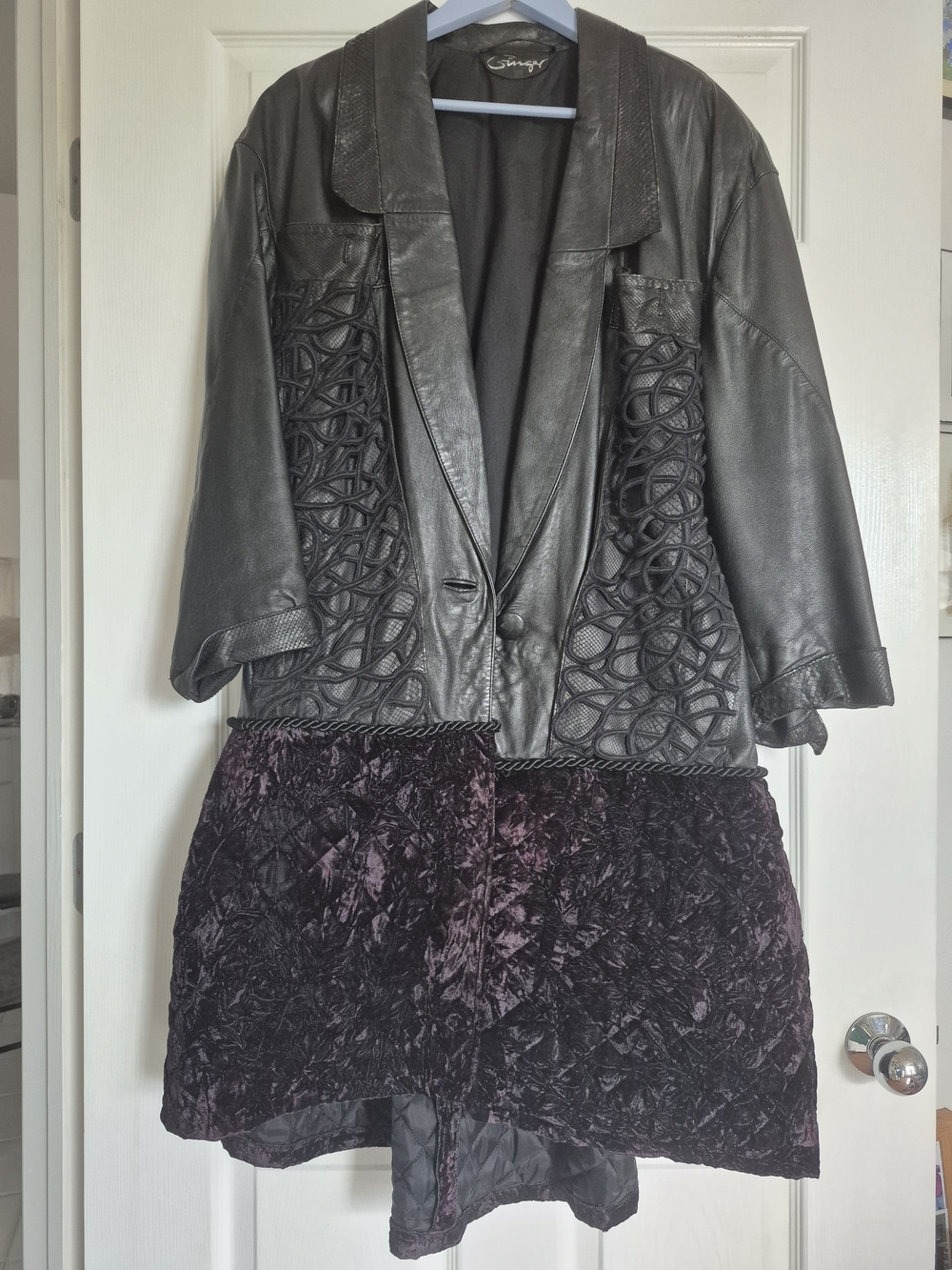 Vintage Genuine Black Leather & Plum Velvet Coat M / L